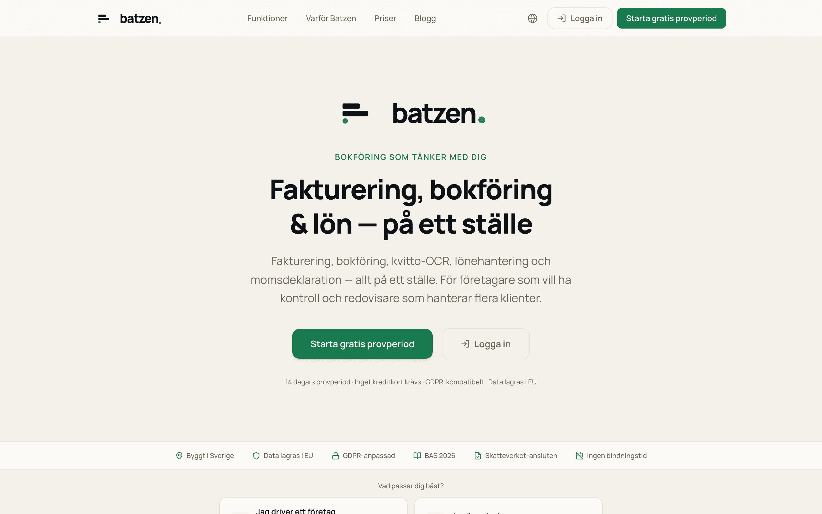 Batzens startsida som presenterar fakturering, bokföring och lön på ett ställe.