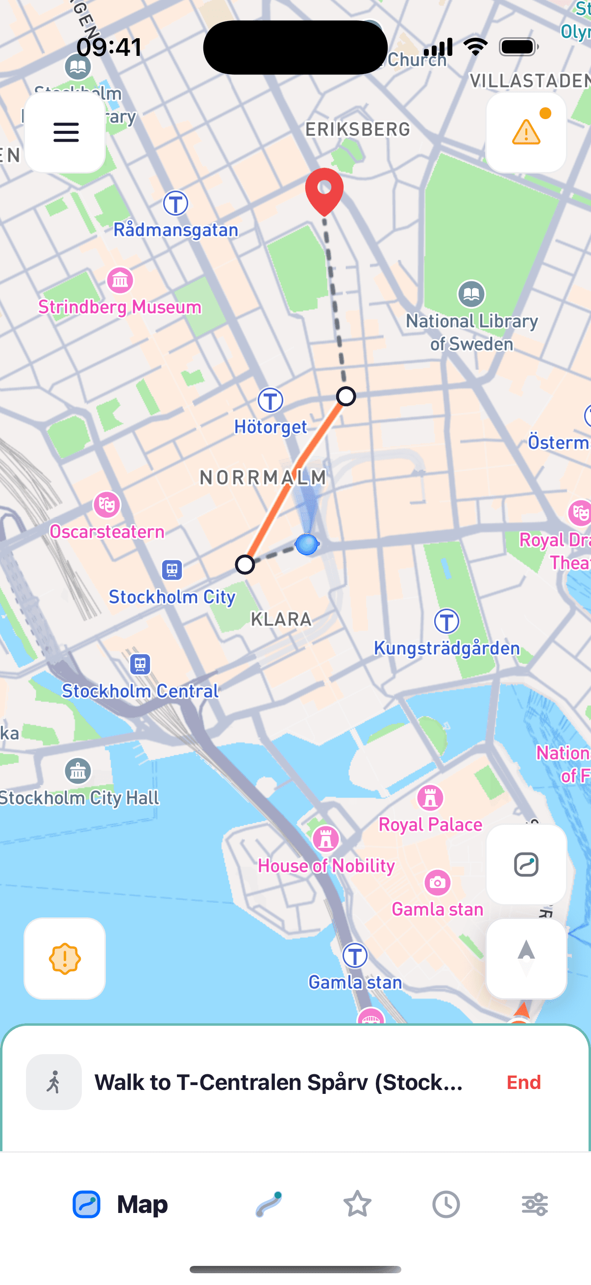 Vägledning igång, med resan utritad på kartan och nästa steg i en list längst ned.