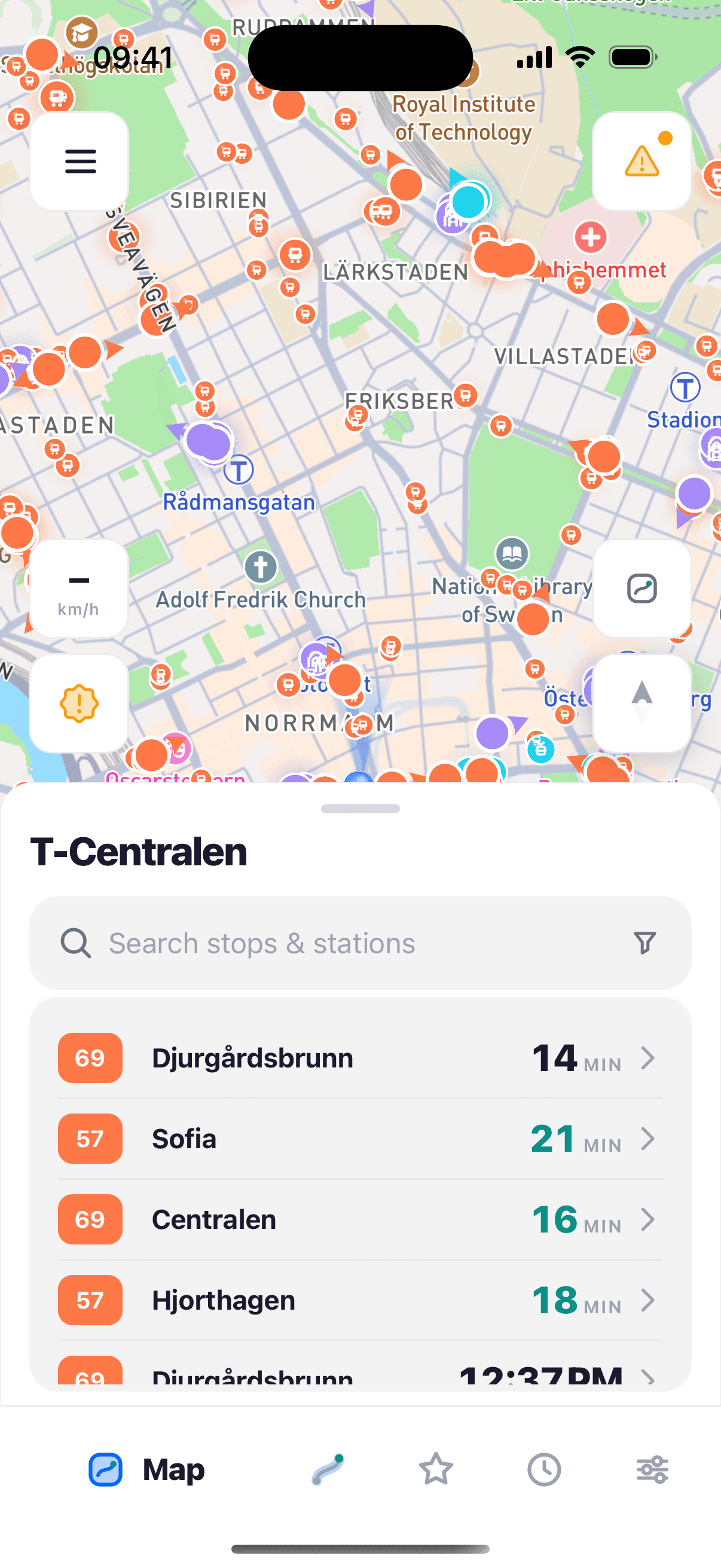 citytaps karta över Stockholm med hållplatser och fordon i realtid, och avgångar från T-Centralen.